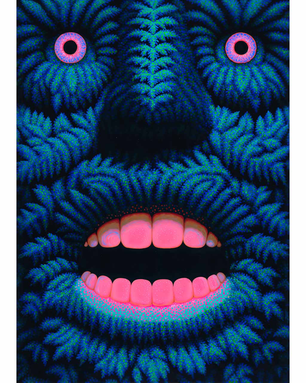 Closeup of a bold surreal art poster featuring intense colour, dynamic texture, and abstract visual energy.