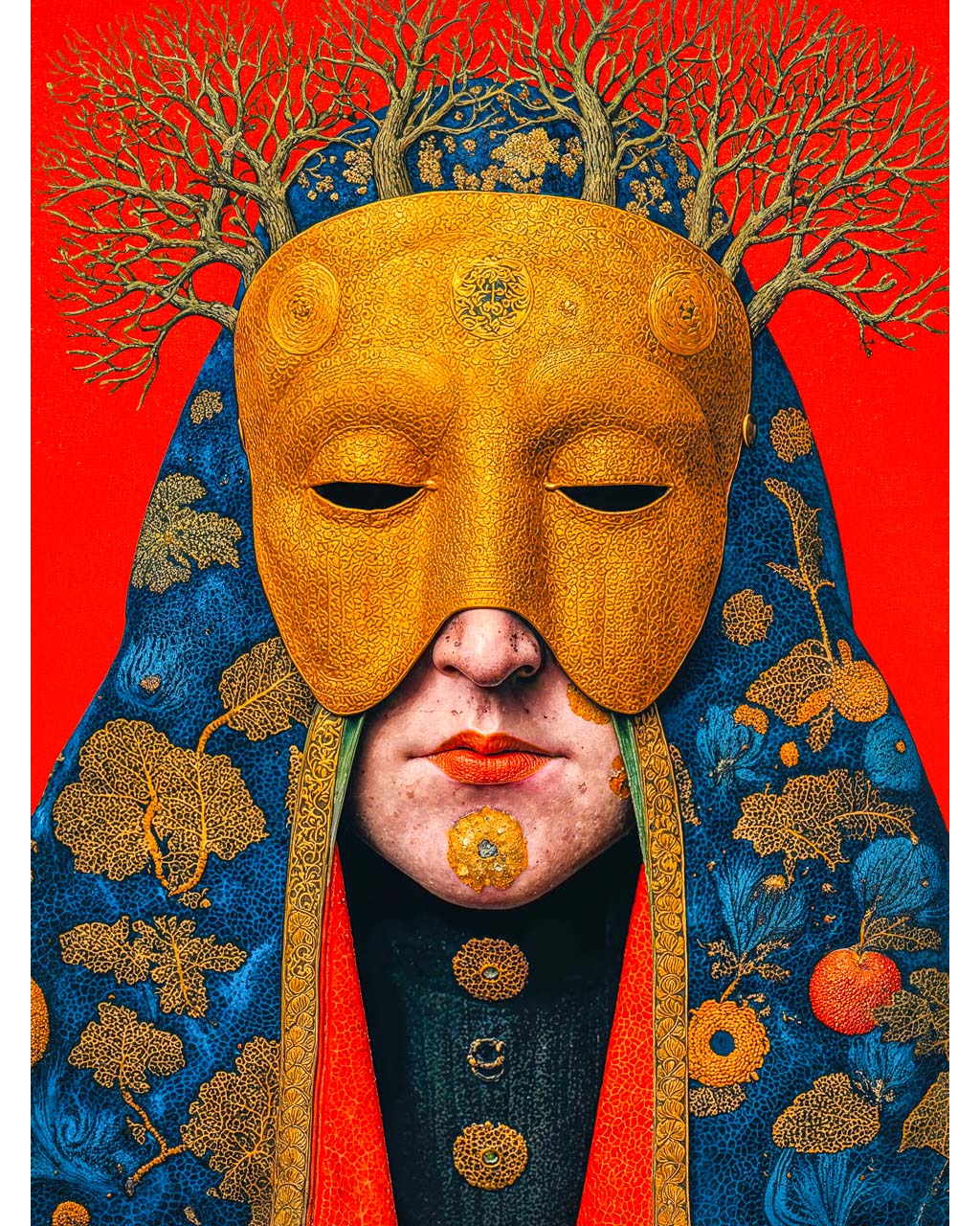 Surreal art poster featuring a gilded mask, branching crown and ornate blue robes against a vivid red background.