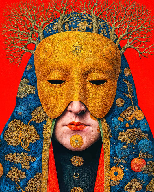 Surreal art poster featuring a gilded mask, branching crown and ornate blue robes against a vivid red background.
