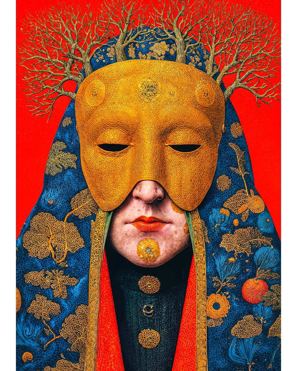 Surreal art poster featuring a gilded mask, branching crown and ornate blue robes against a vivid red background.