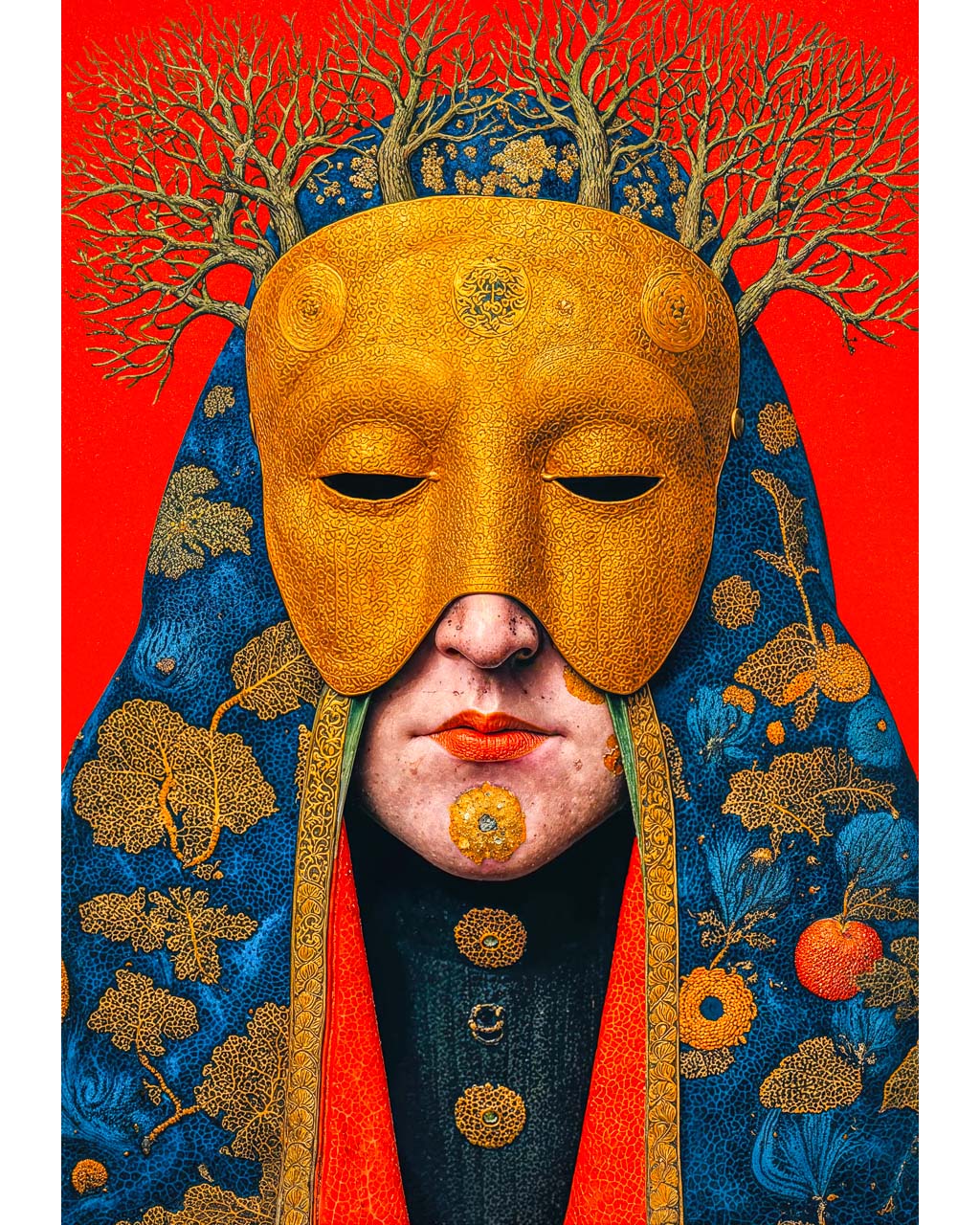 Surreal art poster featuring a gilded mask, branching crown and ornate blue robes against a vivid red background.