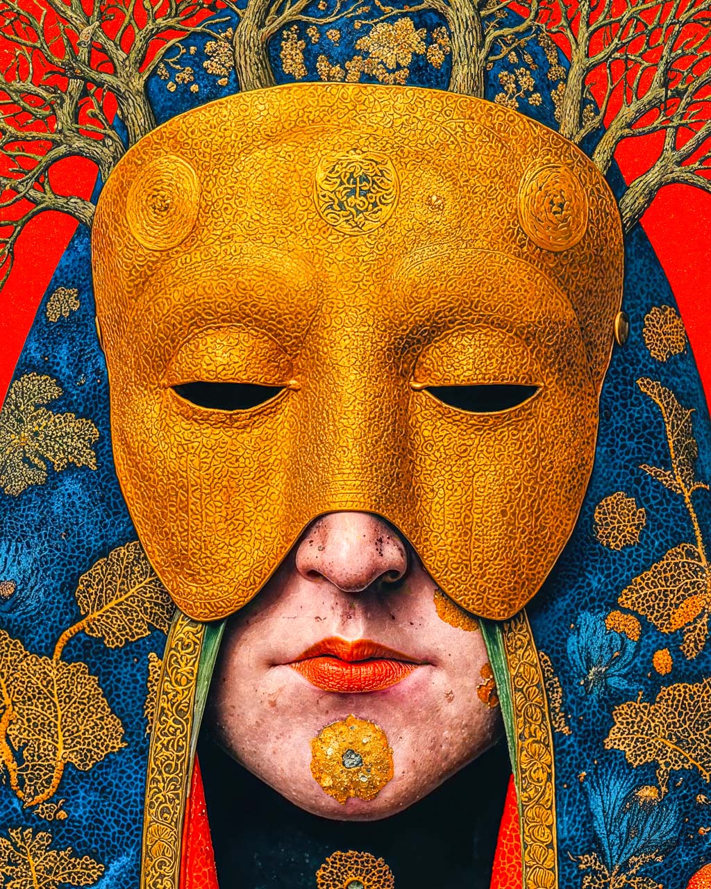 Close-up of The Gilded Keeper art poster showing the intricate gilded mask and textured details.