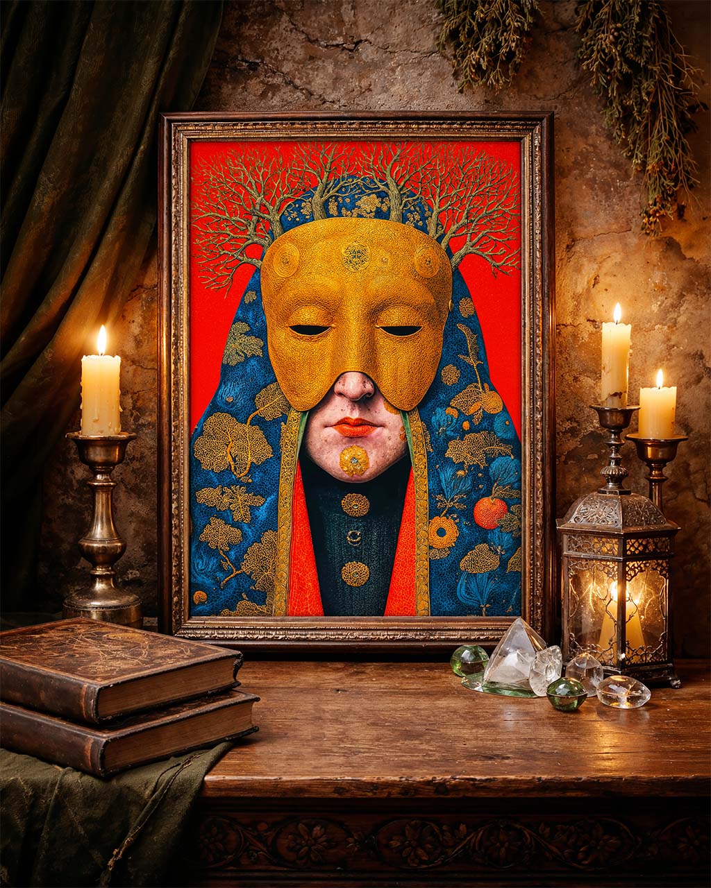 The Gilded Keeper surreal art poster displayed in an ornate frame on a rustic table with candles and antique decor.