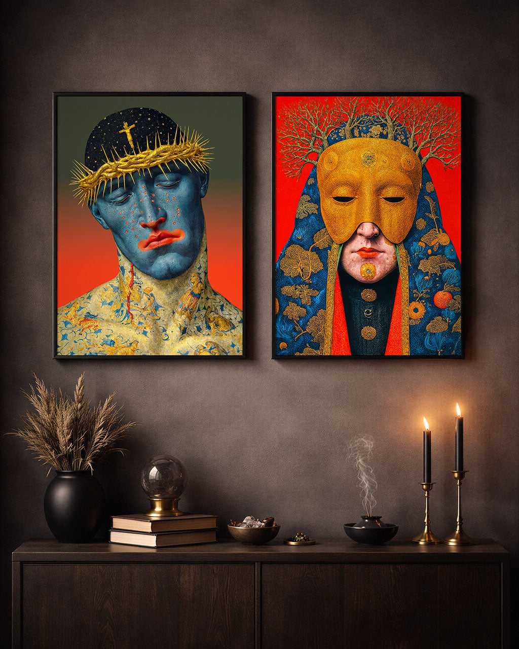 The Gilded Keeper art poster paired with The Martyr in a modern interior with dark walls and candlelight.