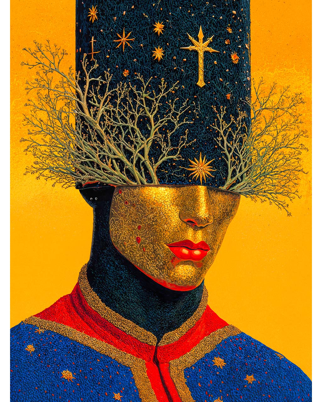 Surreal art poster featuring a gilded face beneath branching trees and symbolic stars against a vivid golden background.