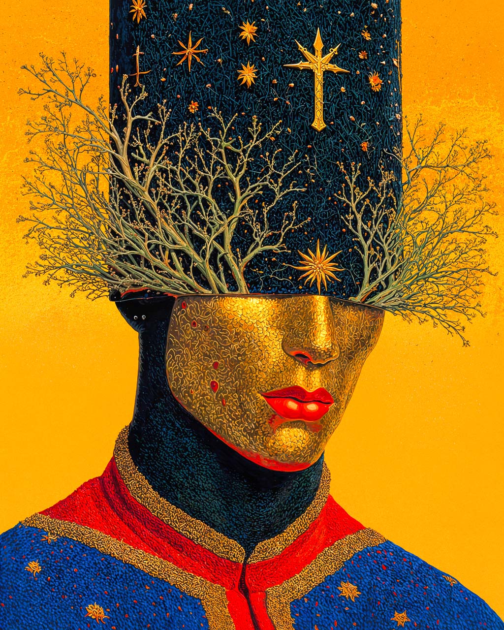 Surreal art poster featuring a gilded face beneath branching trees and symbolic stars against a vivid golden background.