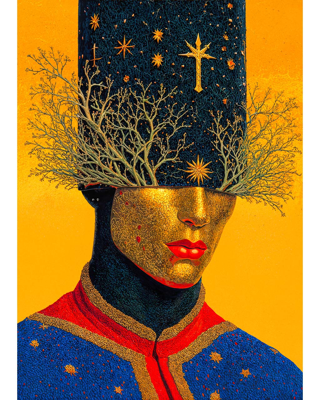 Surreal art poster featuring a gilded face beneath branching trees and symbolic stars against a vivid golden background.