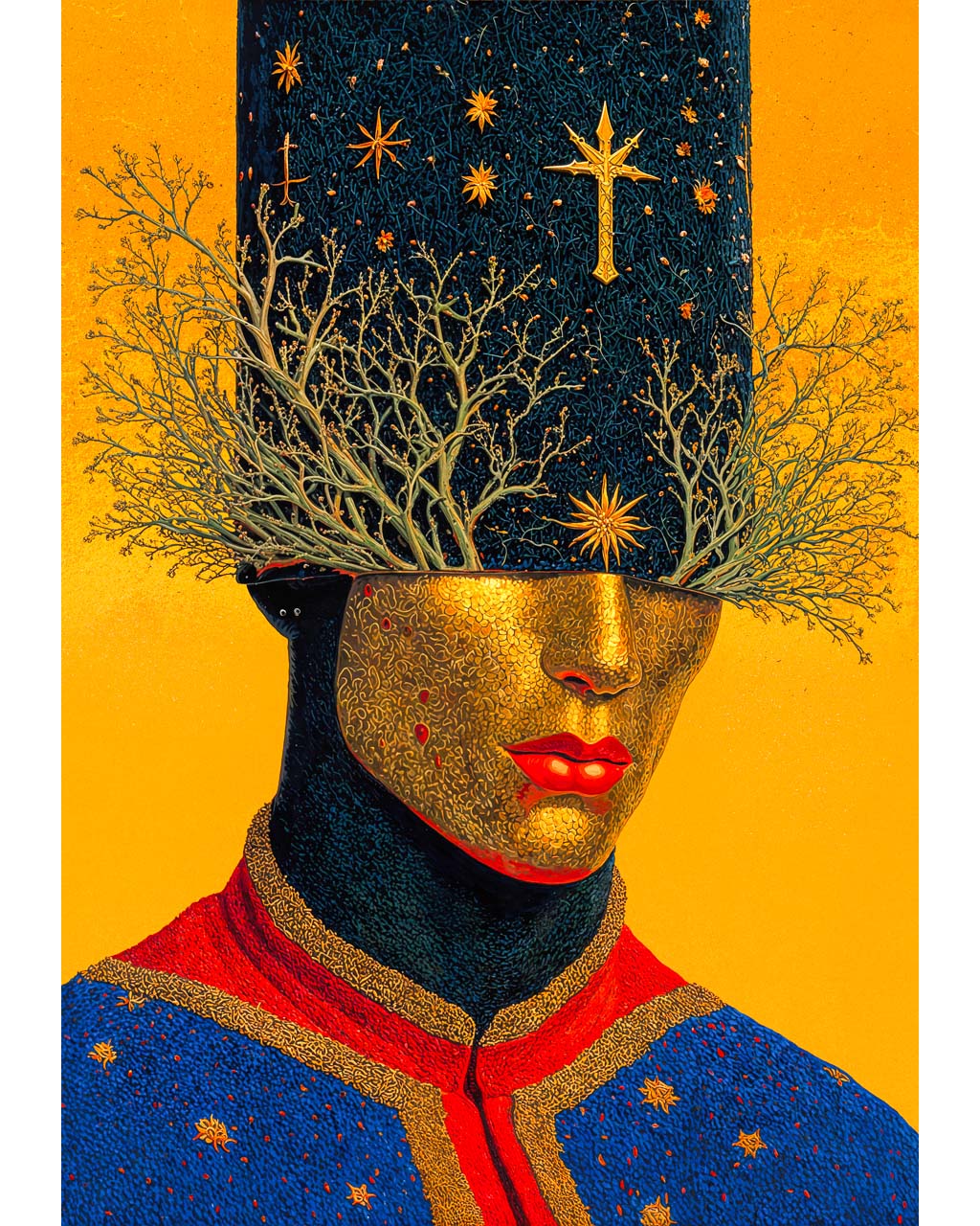 Surreal art poster featuring a gilded face beneath branching trees and symbolic stars against a vivid golden background.