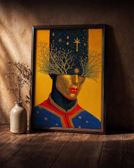 The Gilded Keeper II surreal art poster displayed in a dark wooden frame in a warmly lit interior.