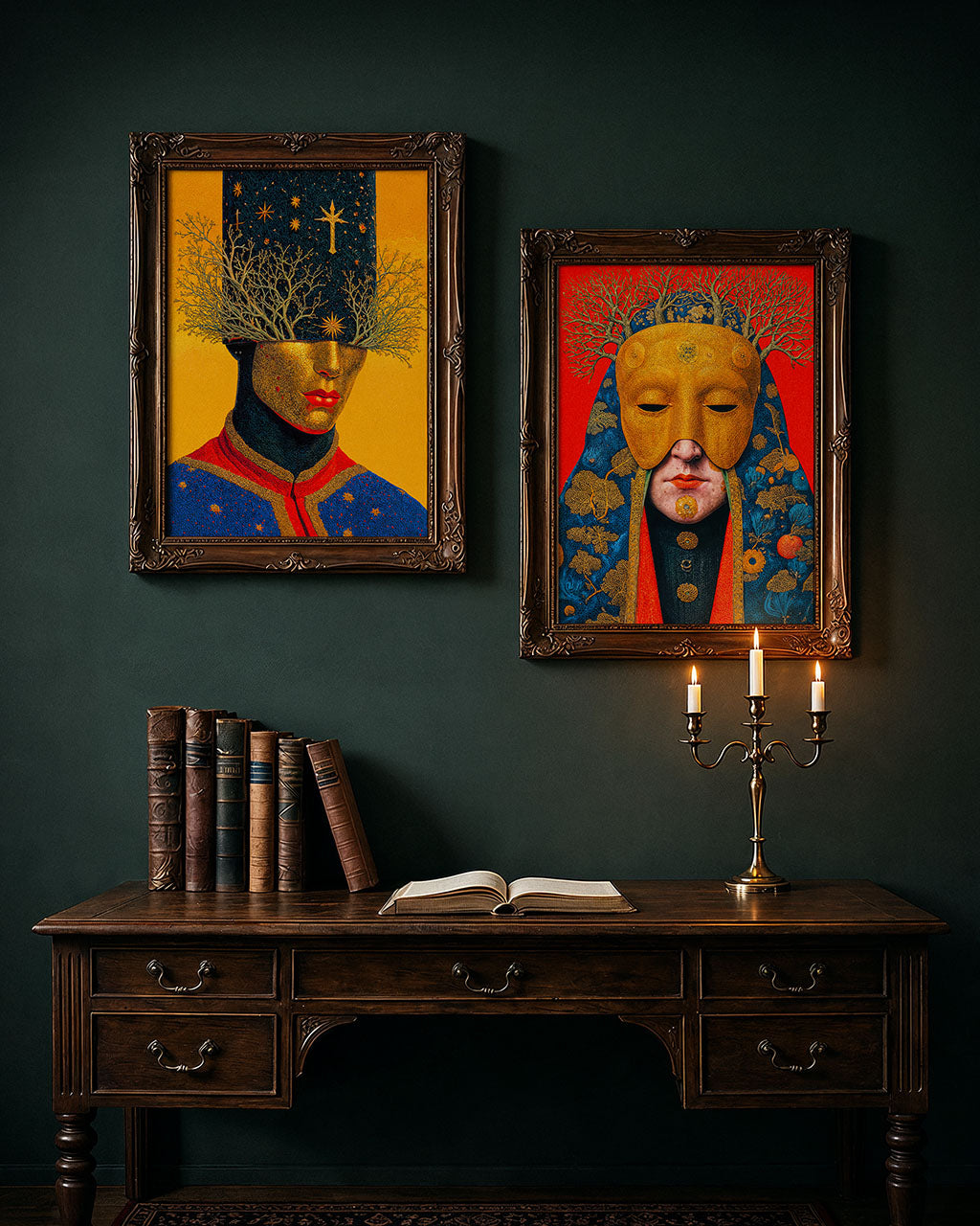The Gilded Keeper II art poster displayed alongside The Gilded Keeper I in an elegant interior with dark green walls.