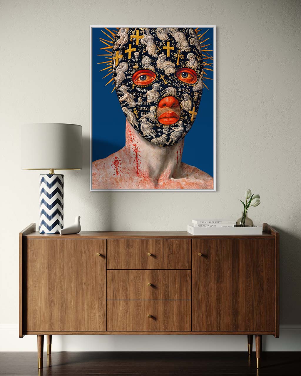 Modern interior with a wooden sideboard, lamp, and abstract art on the wall.