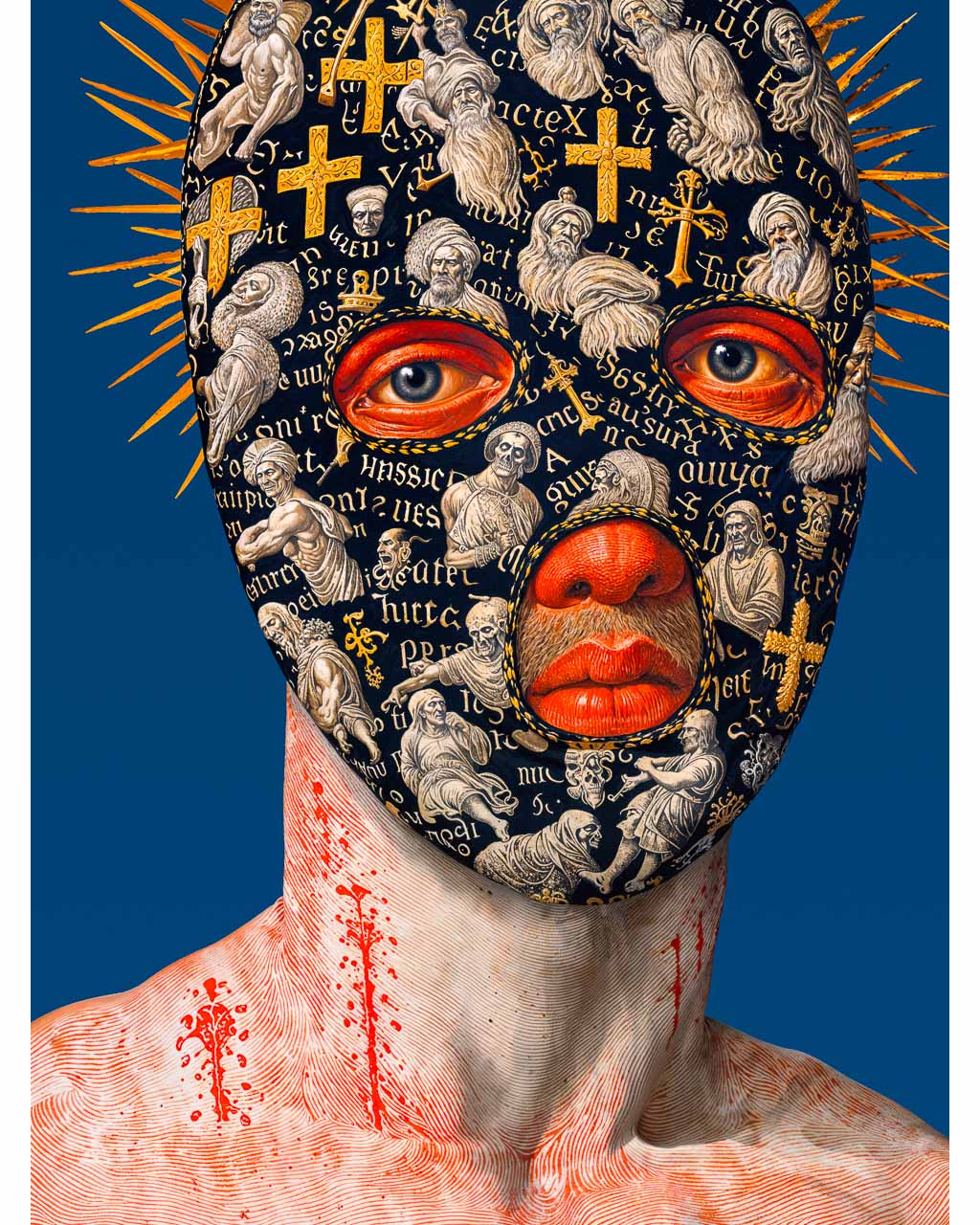 Surreal poster featuring a masked man with gold crosses, saints, and Latin script. 