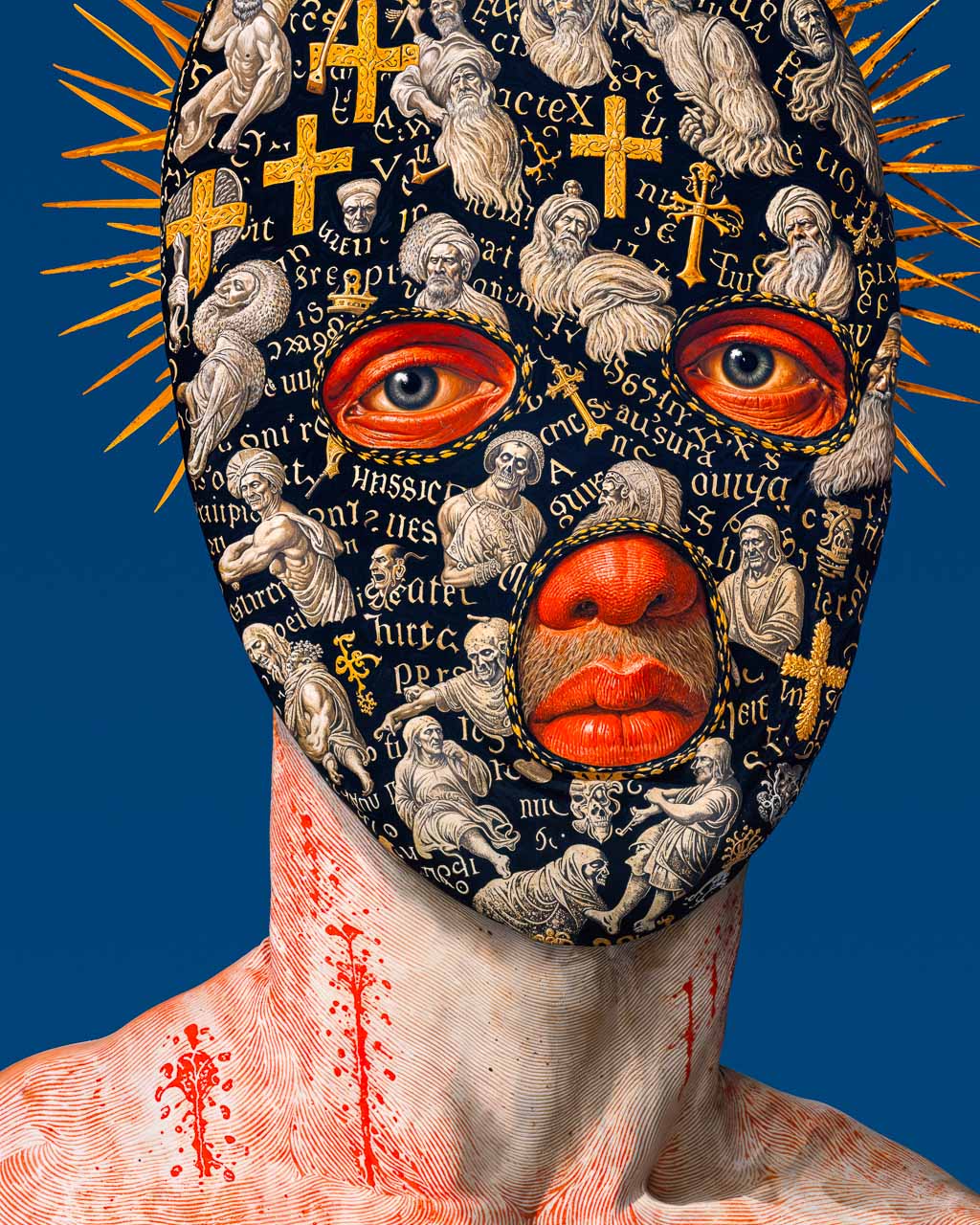 Artistic mask with religious symbols and faces on a blue background