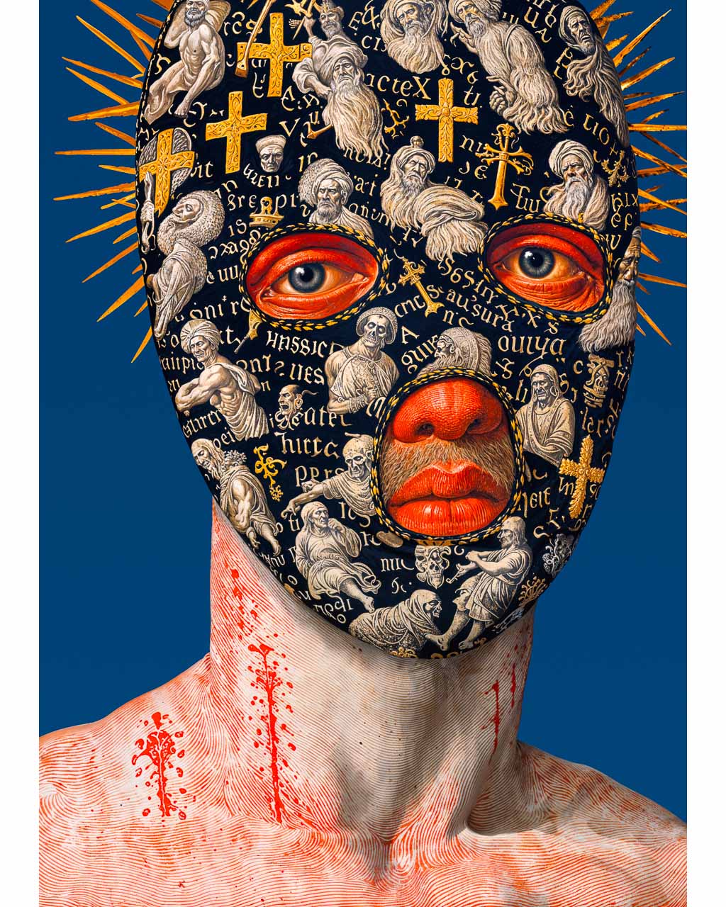 Surreal poster featuring a masked man with gold crosses, saints, and Latin script.