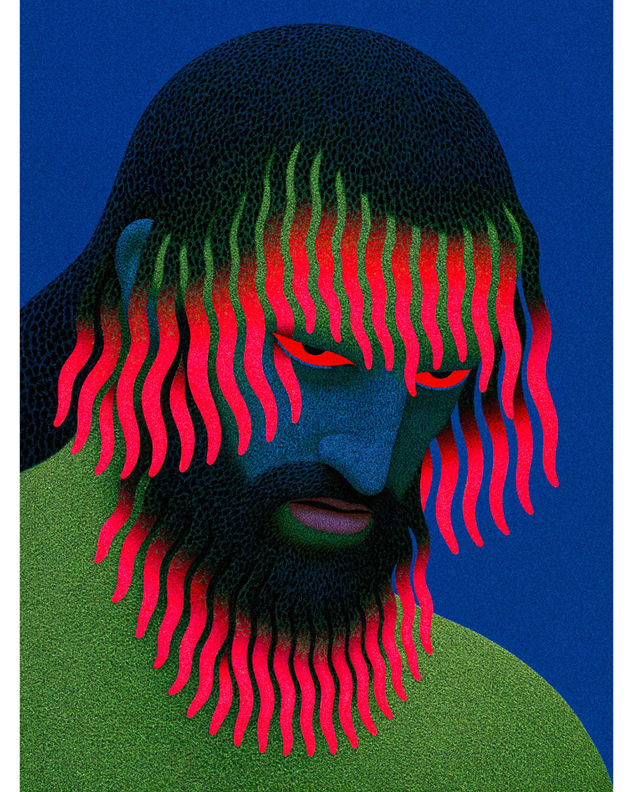 Surreal art print Growing Pains, featuring a blue-faced man with dark textured hair and beard, fluorescent pink and green tendrils, and a vivid blue background.