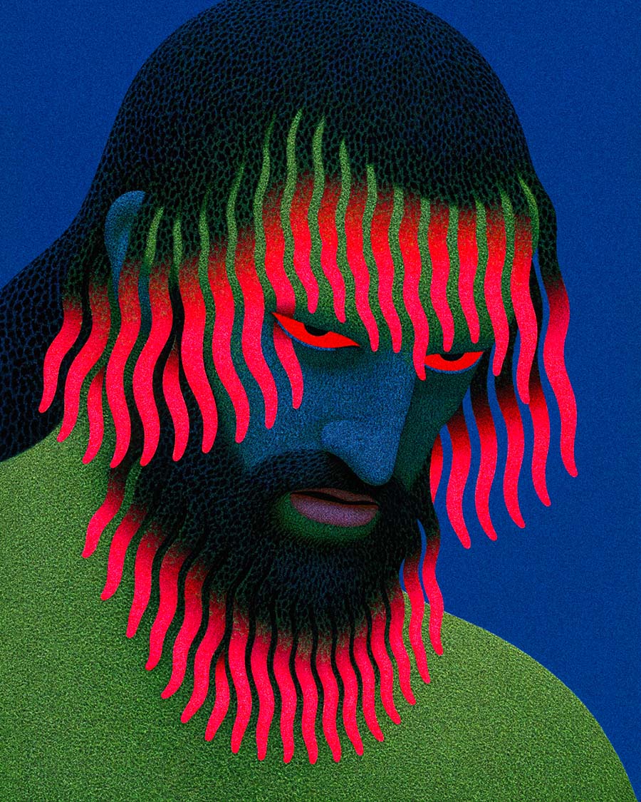 Surreal art print Growing Pains, featuring a blue-faced man with dark textured hair and beard, fluorescent pink and green tendrils, and a vivid blue background.