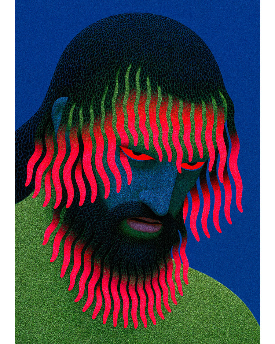 Surreal art print Growing Pains, featuring a blue-faced man with dark textured hair and beard, fluorescent pink and green tendrils, and a vivid blue background.