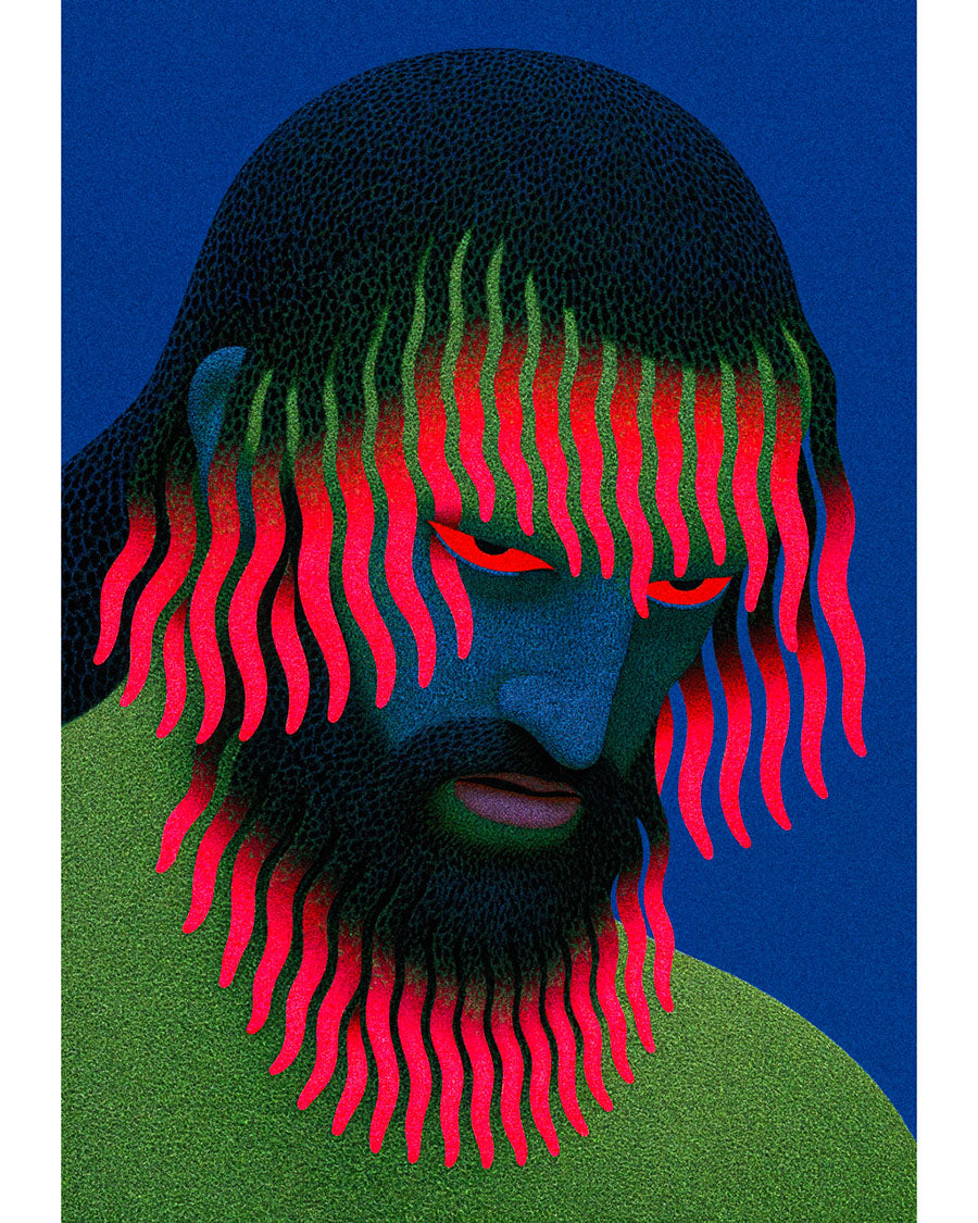 Surreal art print Growing Pains, featuring a blue-faced man with dark textured hair and beard, fluorescent pink and green tendrils, and a vivid blue background.