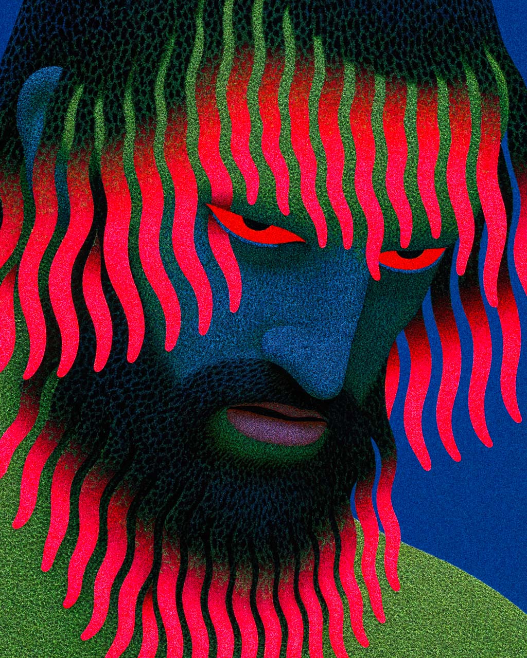 Close-up of Growing Pains surreal art print, showing the man's blue face, red eyes, flowing pink and green growths, and richly textured, grainy details.