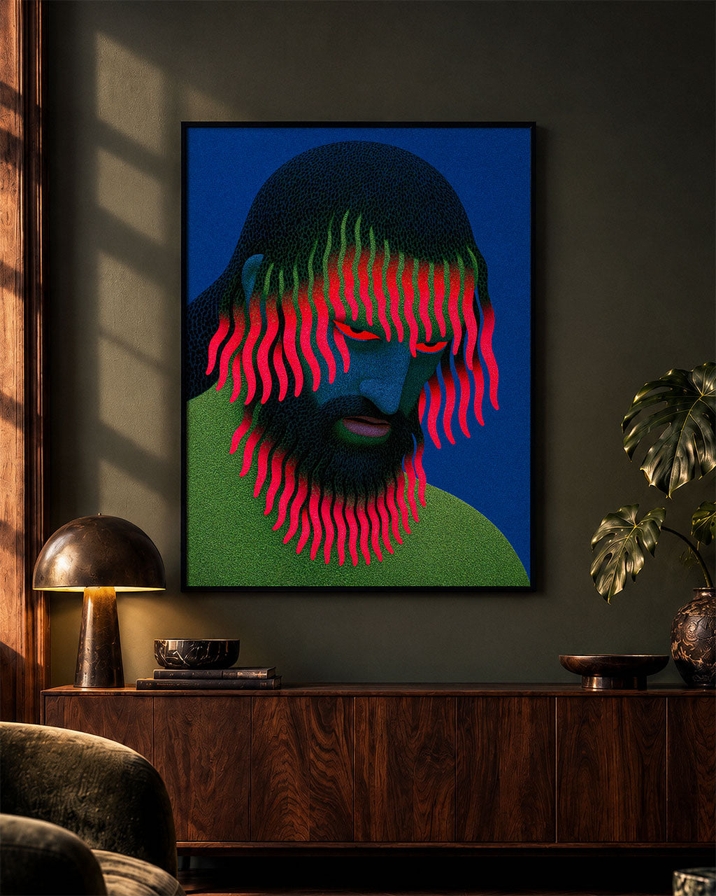 Large Growing Pains art print in a dimly lit interior.