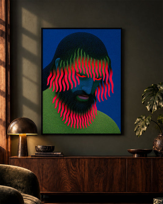 Large Growing Pains art print in a dimly lit interior.