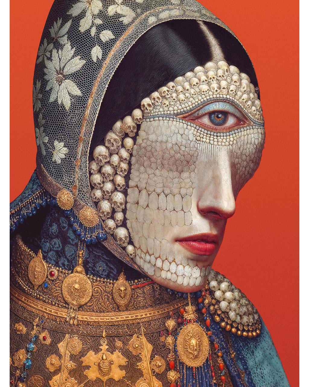 Surreal art portrait with skull textures and intricate details on red background.