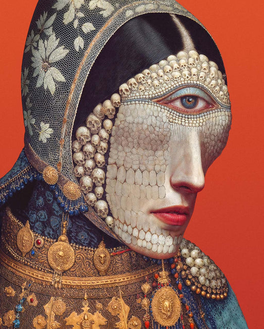 Surreal art portrait with skull textures and intricate details on red background.