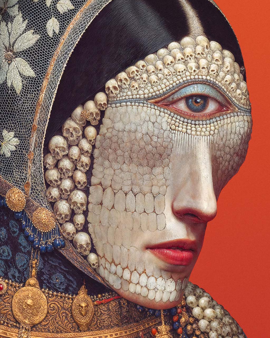 Closeup of a surreal art portrait with skull textures and intricate details on red background.