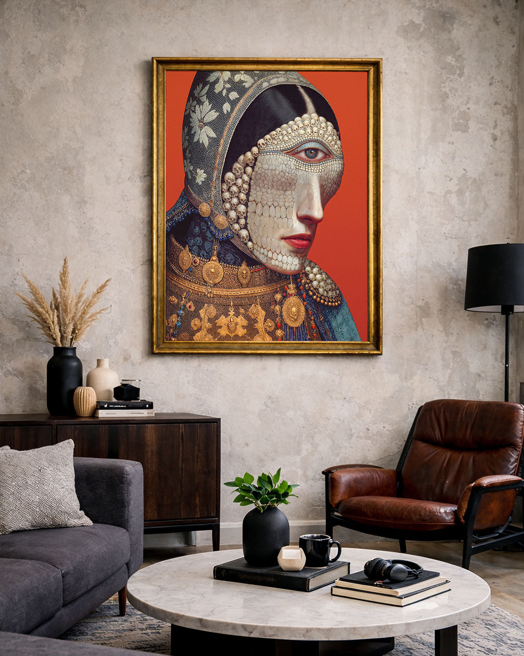 Framed surreal skull portrait poster in modern living room