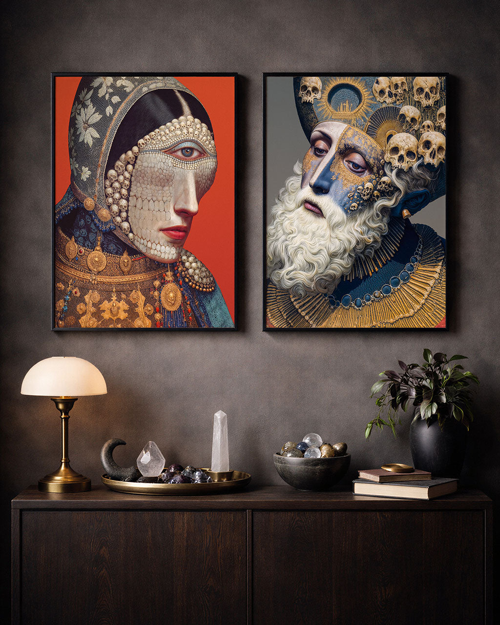 Two framed surreal portrait posters paired on dark wall with intricate details