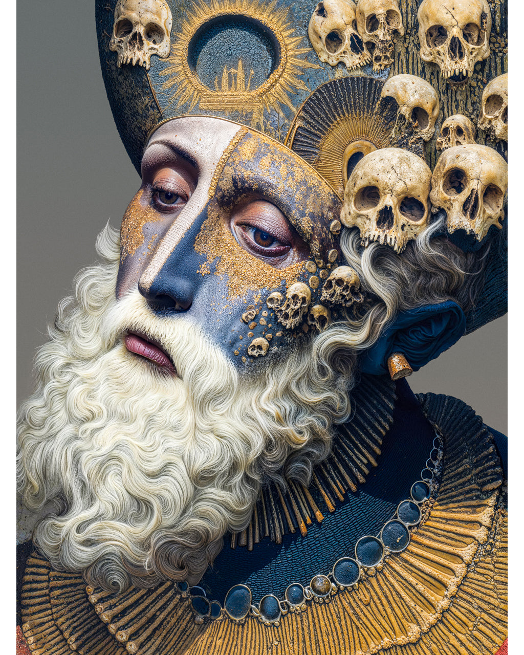 Surreal art portrait with skull crown and gold textures on muted background