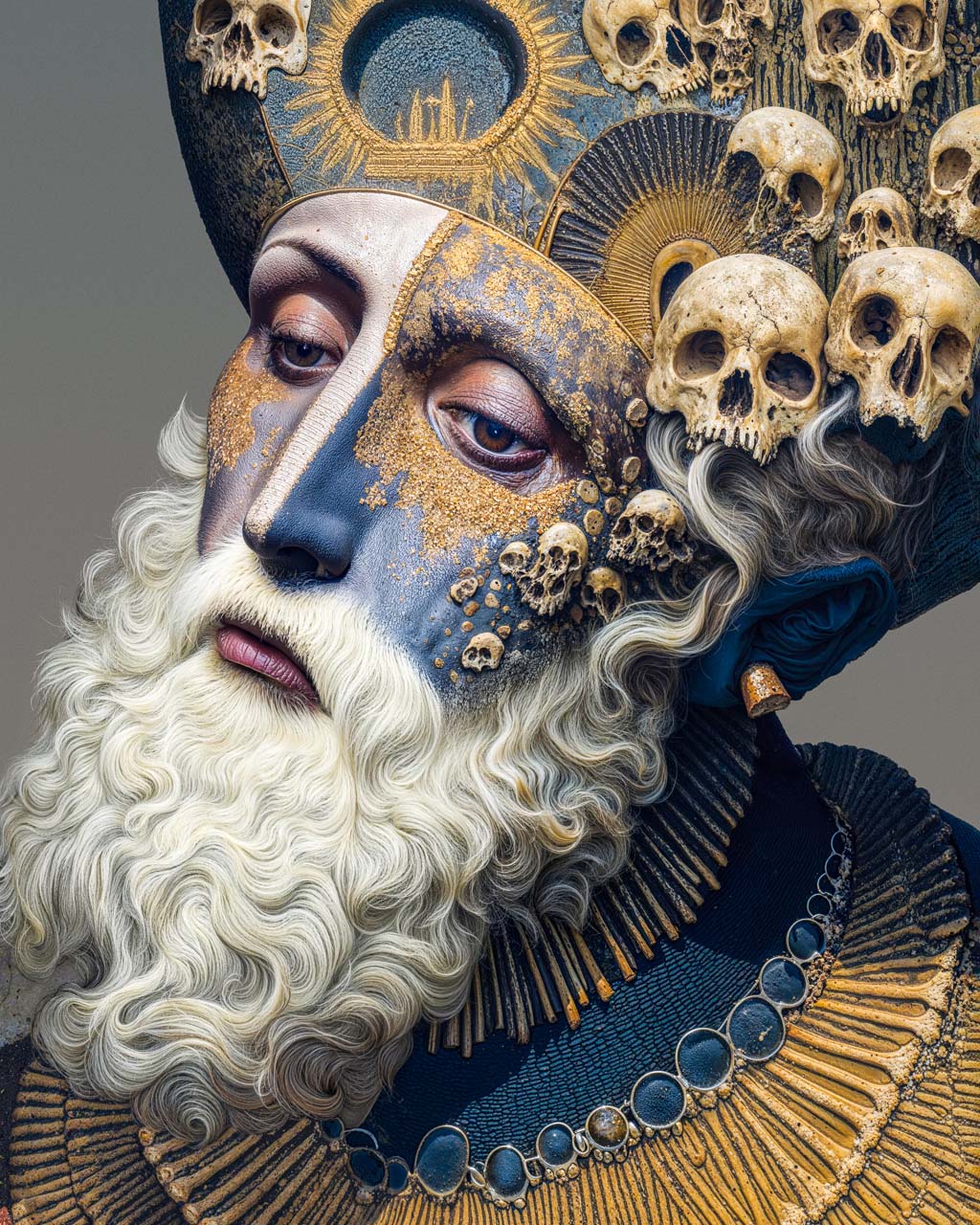 Surreal art portrait with skull crown and gold textures on muted background