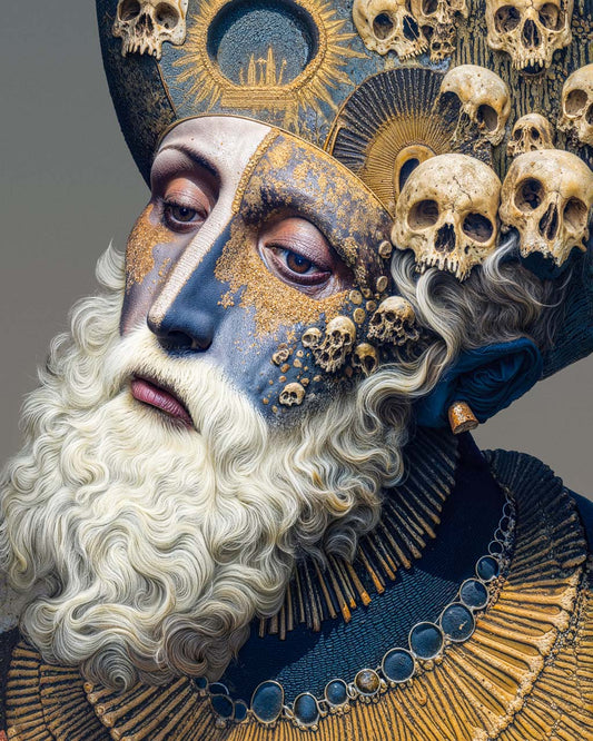 Surreal art portrait with skull crown and gold textures on muted background