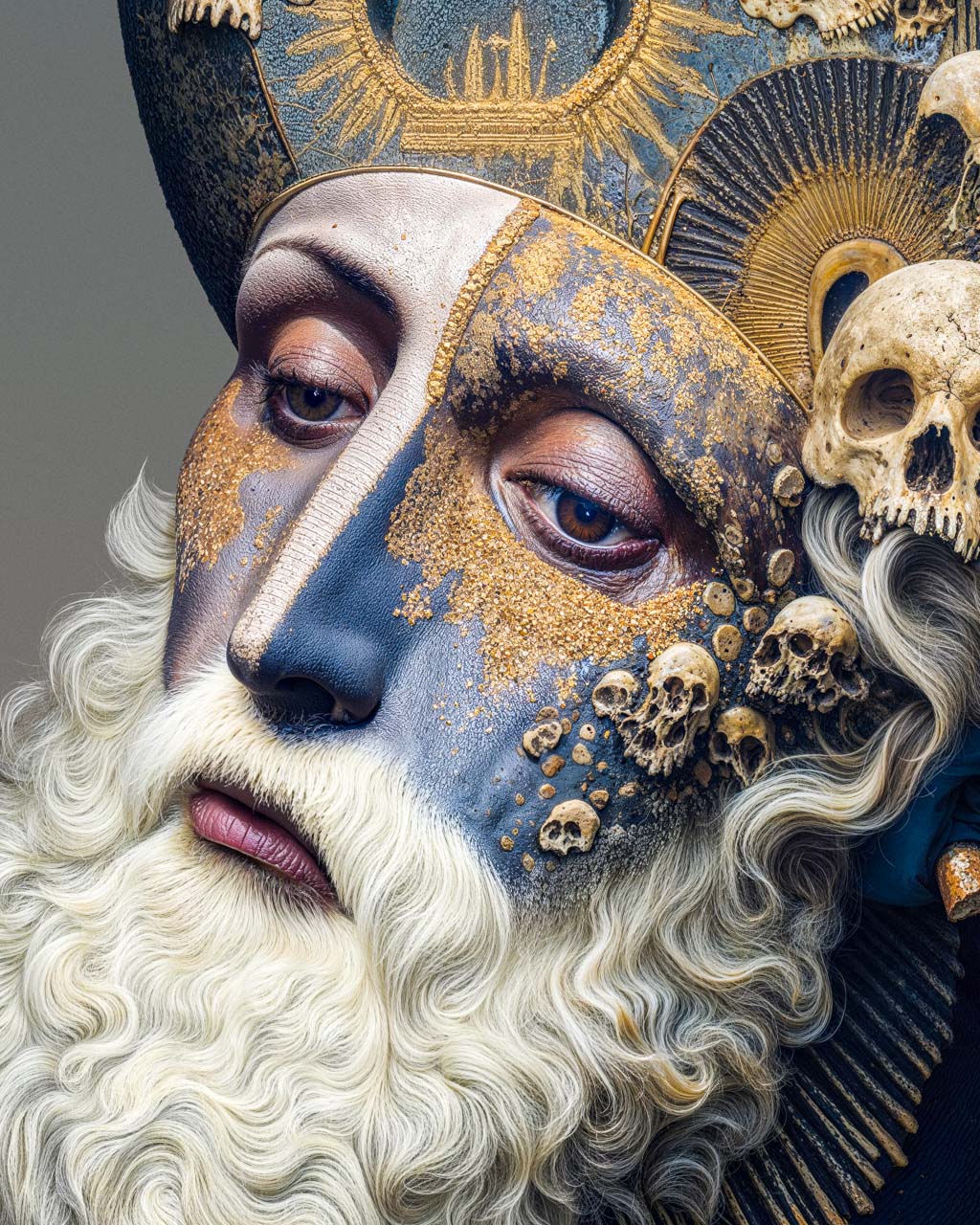 Closeup of a face with skull elements and decorative headpiece on a gray background