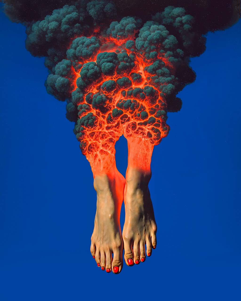 Artistic depiction of feet emerging from a fiery explosion with dark smoke against a blue background
