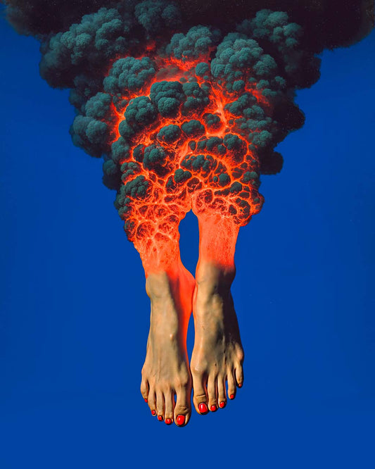 Artistic depiction of feet emerging from a fiery explosion with dark smoke against a blue background