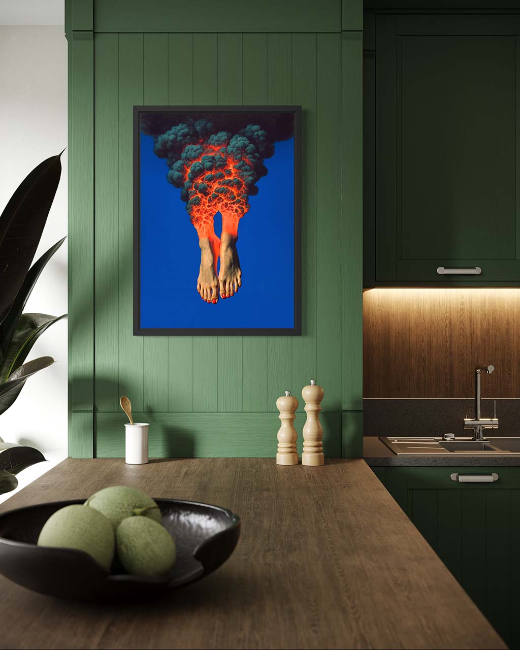Colorful abstract painting on a green wall above a kitchen counter with a bowl of apples.