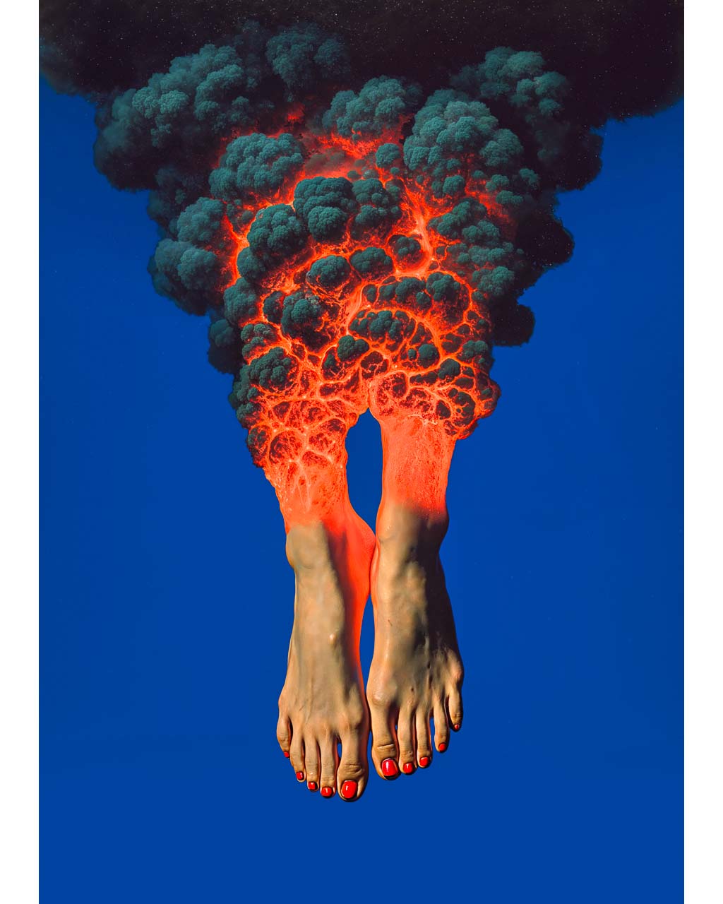 Artistic depiction of feet emerging from a fiery explosion with dark smoke against a blue background