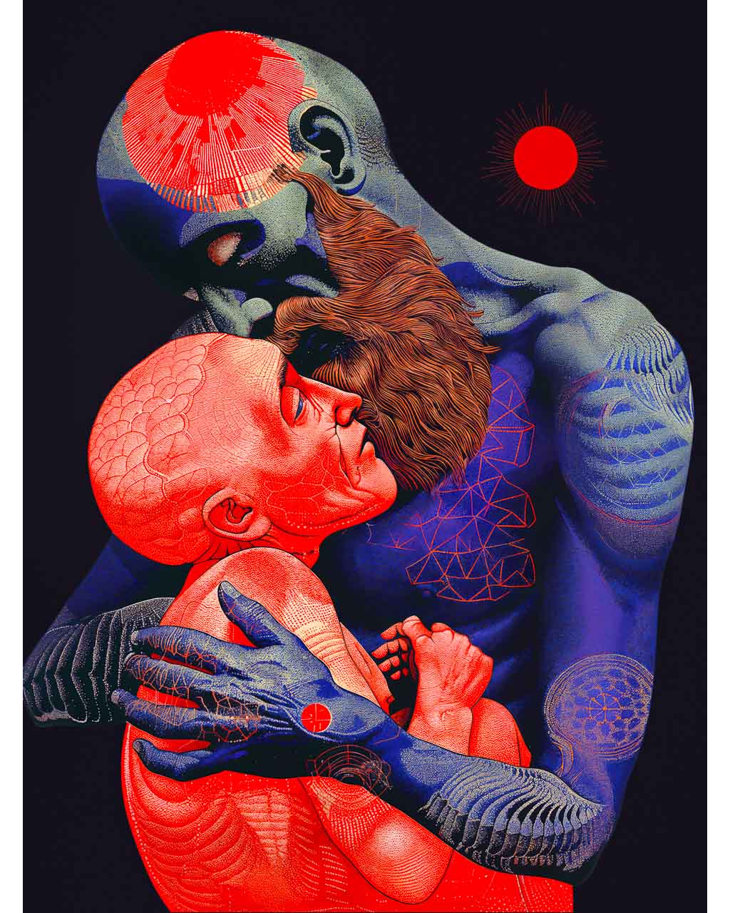 Surreal art poster depicting a blue man embracing a red woman.