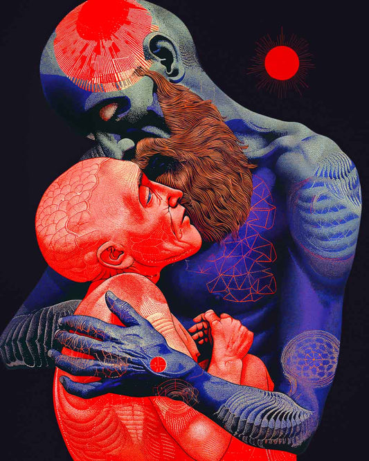 Surreal art poster depicting a blue man embracing a red woman.
