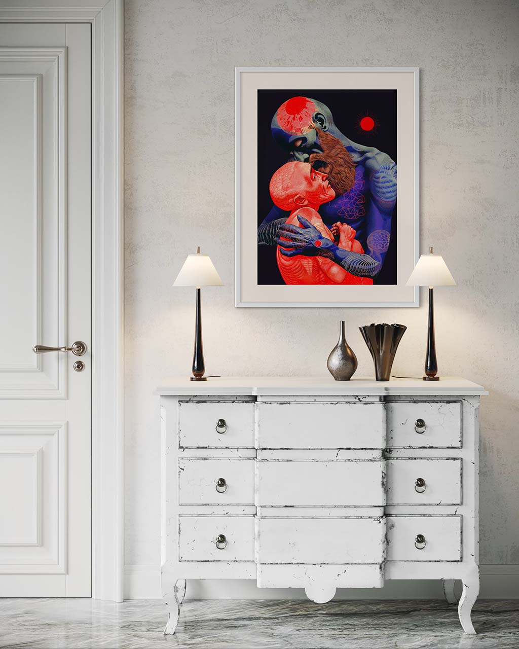 Framed art poster on the wall. The poster depicts a blue man embracing a red woman.