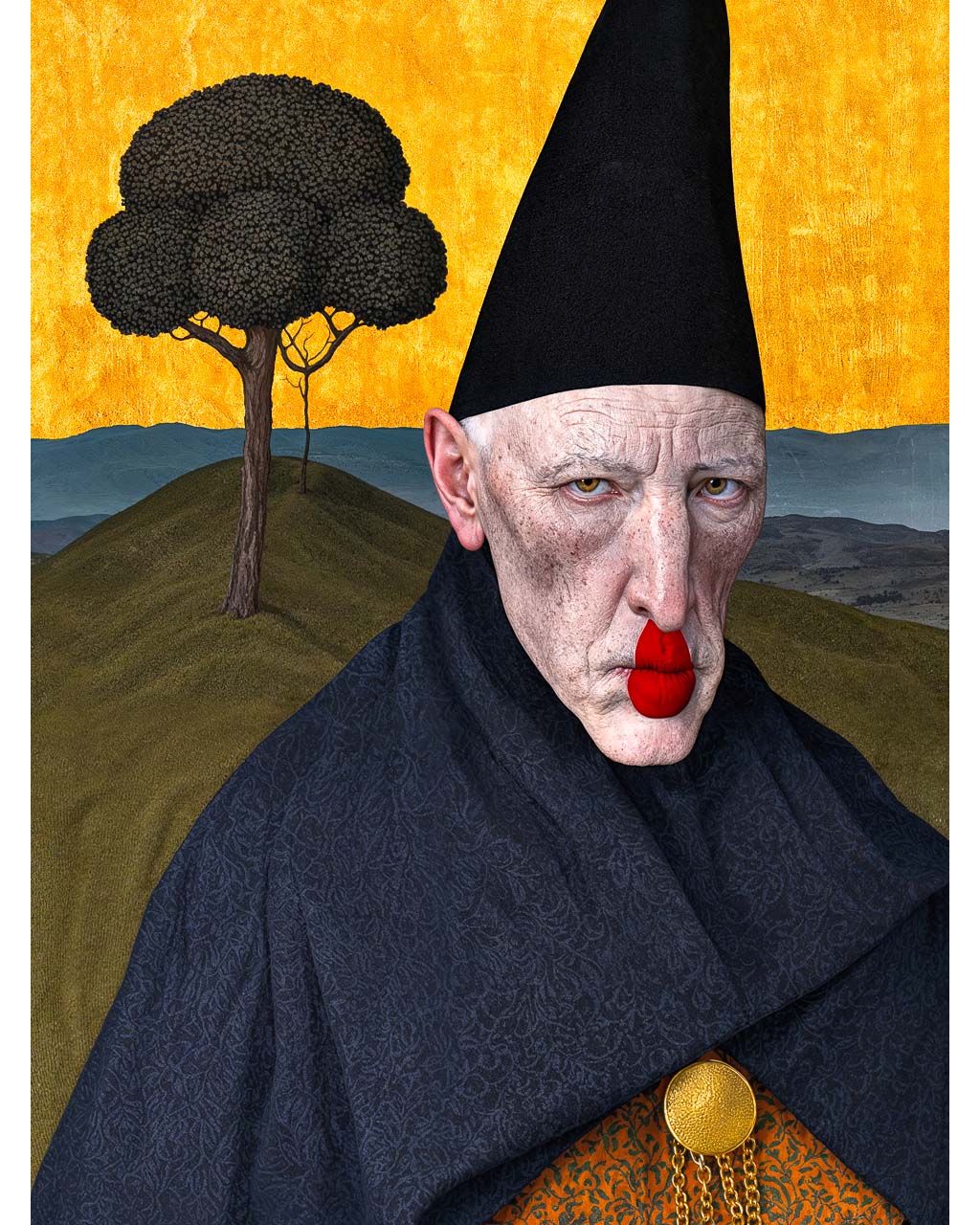 The Hollow Keeper surreal occult-inspired wall art featuring a solemn figure in a dark robe beneath a golden sky with a solitary tree.
