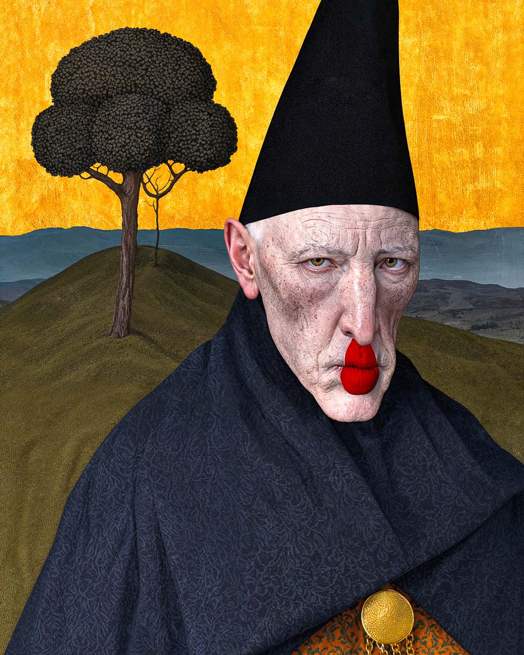 The Hollow Keeper surreal occult-inspired wall art featuring a solemn figure in a dark robe beneath a golden sky with a solitary tree.