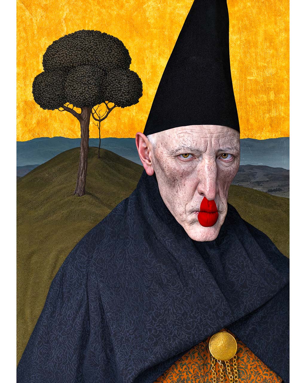 The Hollow Keeper surreal occult-inspired wall art featuring a solemn figure in a dark robe beneath a golden sky with a solitary tree.