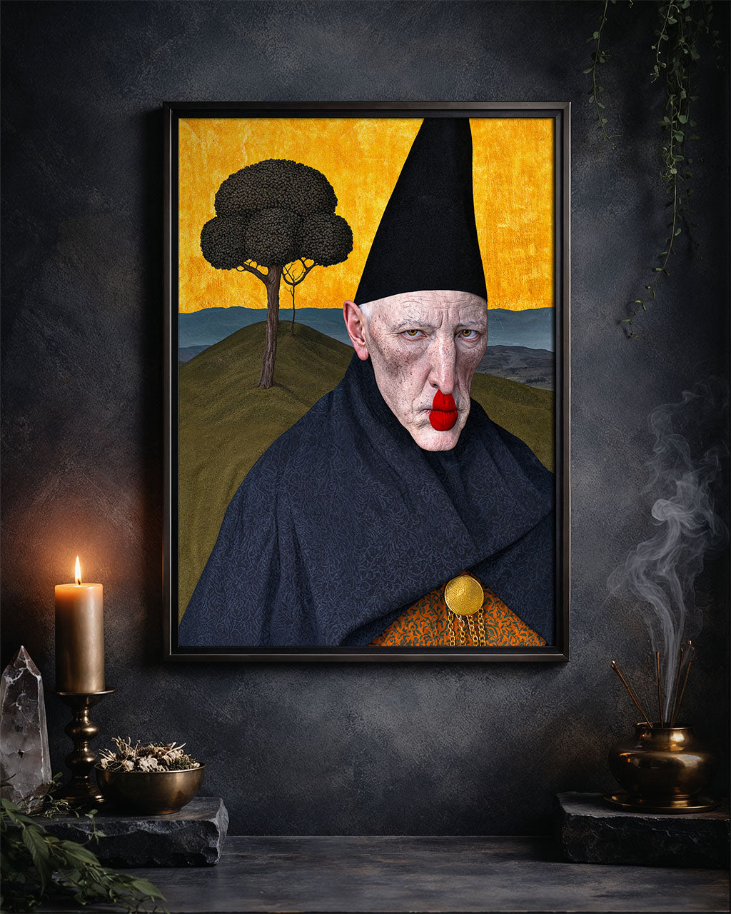 Framed The Hollow Keeper surreal wall art print displayed in a dark, atmospheric interior with candles and incense.