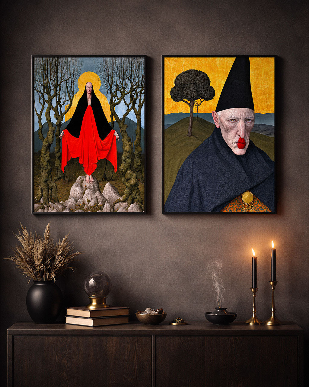 The Hollow Keeper and The First Wytch displayed together as framed surreal art prints in a contemporary interior.