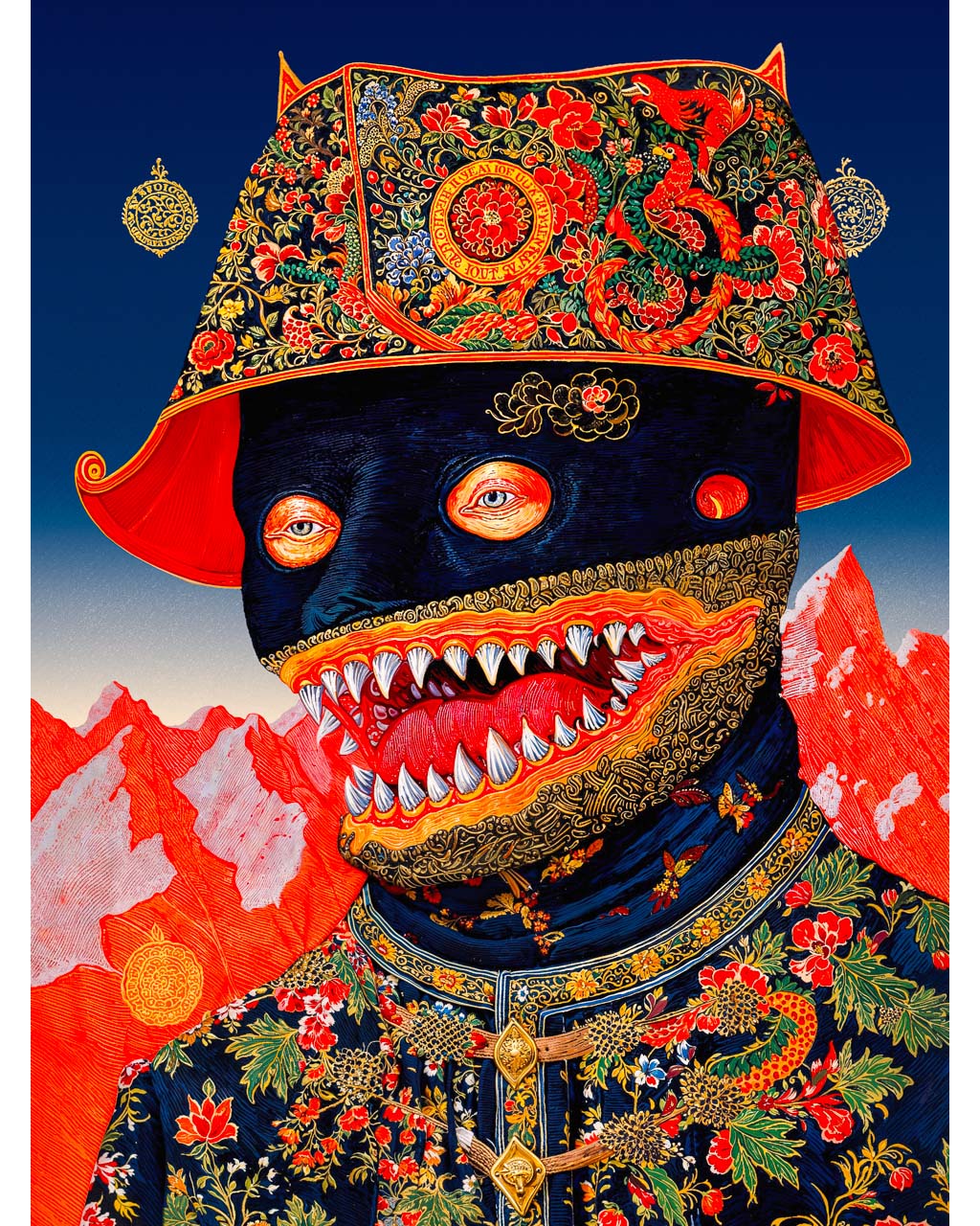 Surreal portrait of a dark masked figure with sharp teeth, ornate embroidered hat and clothing, set against red mountains and a deep blue sky.