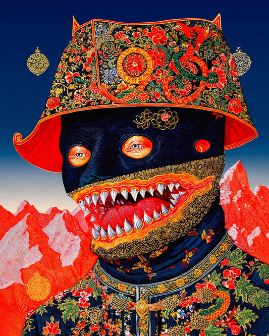 Surreal portrait of a dark masked figure with sharp teeth, ornate embroidered hat and clothing, set against red mountains and a deep blue sky.