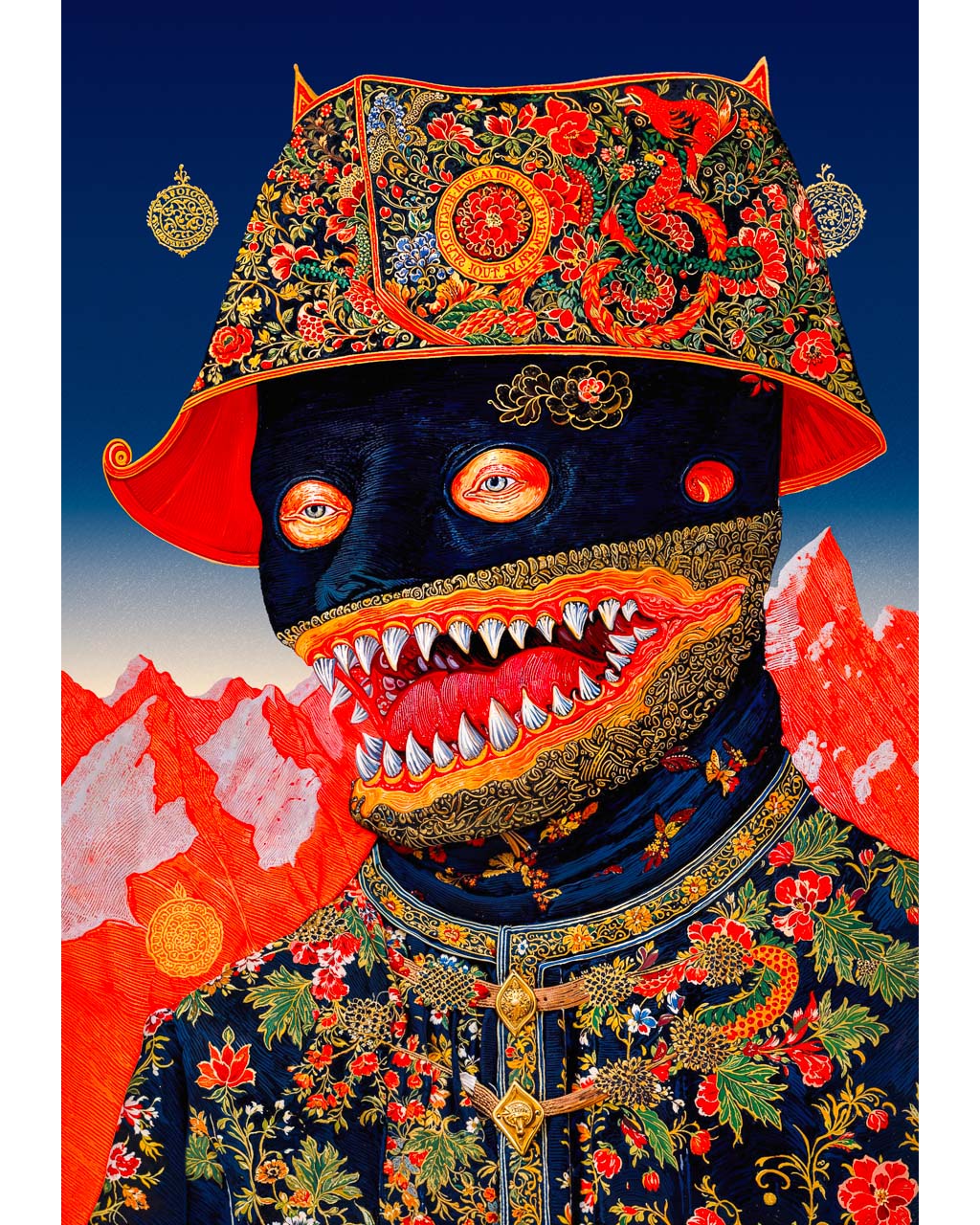 Surreal portrait of a dark masked figure with sharp teeth, ornate embroidered hat and clothing, set against red mountains and a deep blue sky.
