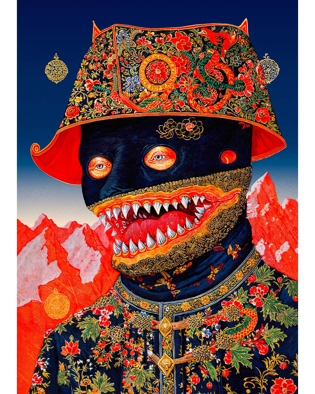 Surreal portrait of a dark masked figure with sharp teeth, ornate embroidered hat and clothing, set against red mountains and a deep blue sky.